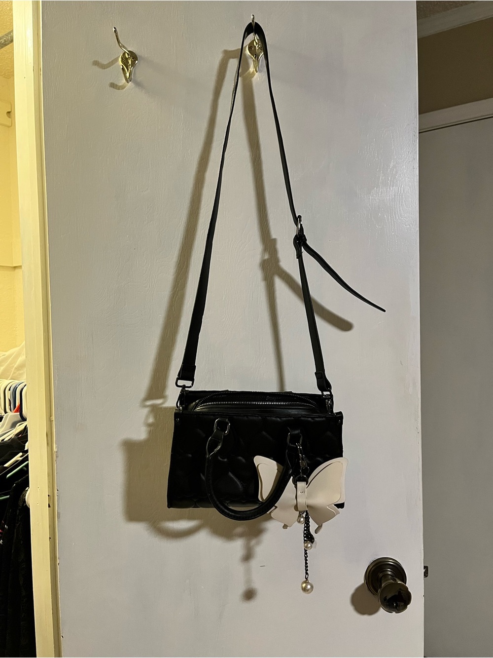 Betsey Johnson Black Crossbody Bag with White Butterfly Charm